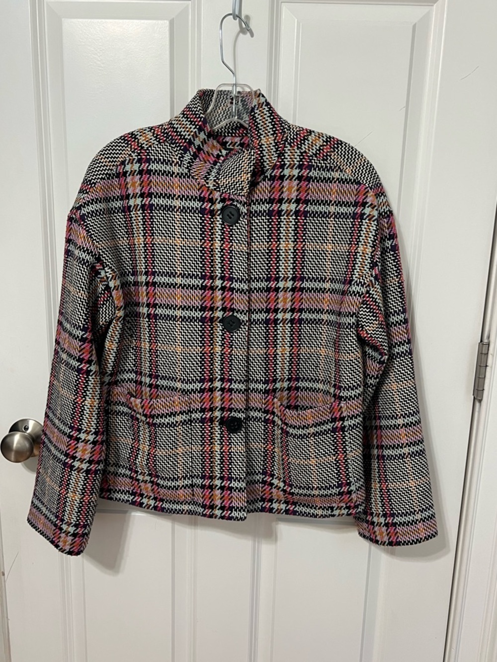 Plaid Pea Coat in Black, Pink & Cream